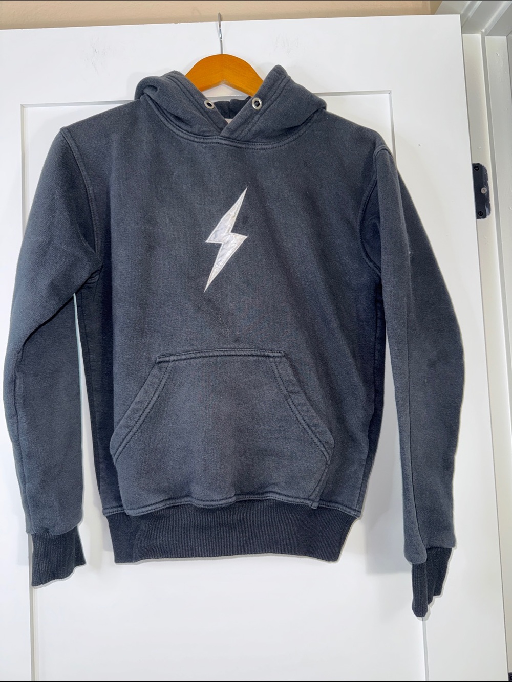 Bruce Bolt Youth Large Black Hoodie with White Lightning Bolt Graphic
